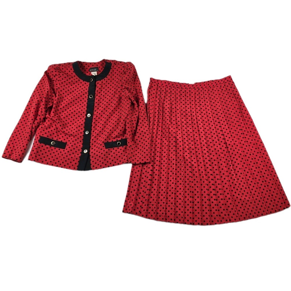 Melissa Harper MHM Skirt Suit Vintage Polka Dot Red Black Womens Size 12 Pleated